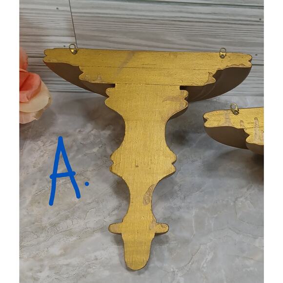 One Vintage Gold Tone Wood Wall Sconce Shelf, 8" Floating Knick Knack Display - Picture 8 of 9